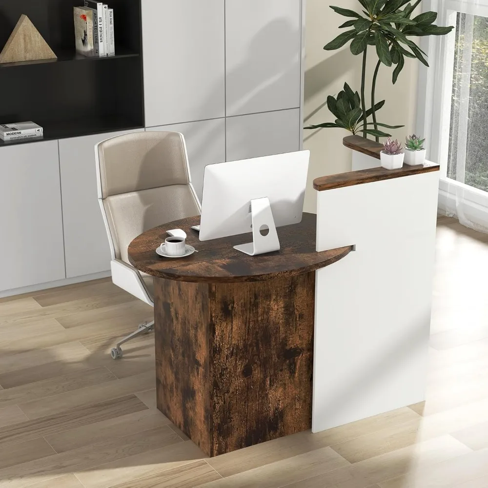 Balcão de recepção com fechadura de 48 polegadas com prateleira de armazenamento e mesa em forma de L para uso em salão de beleza