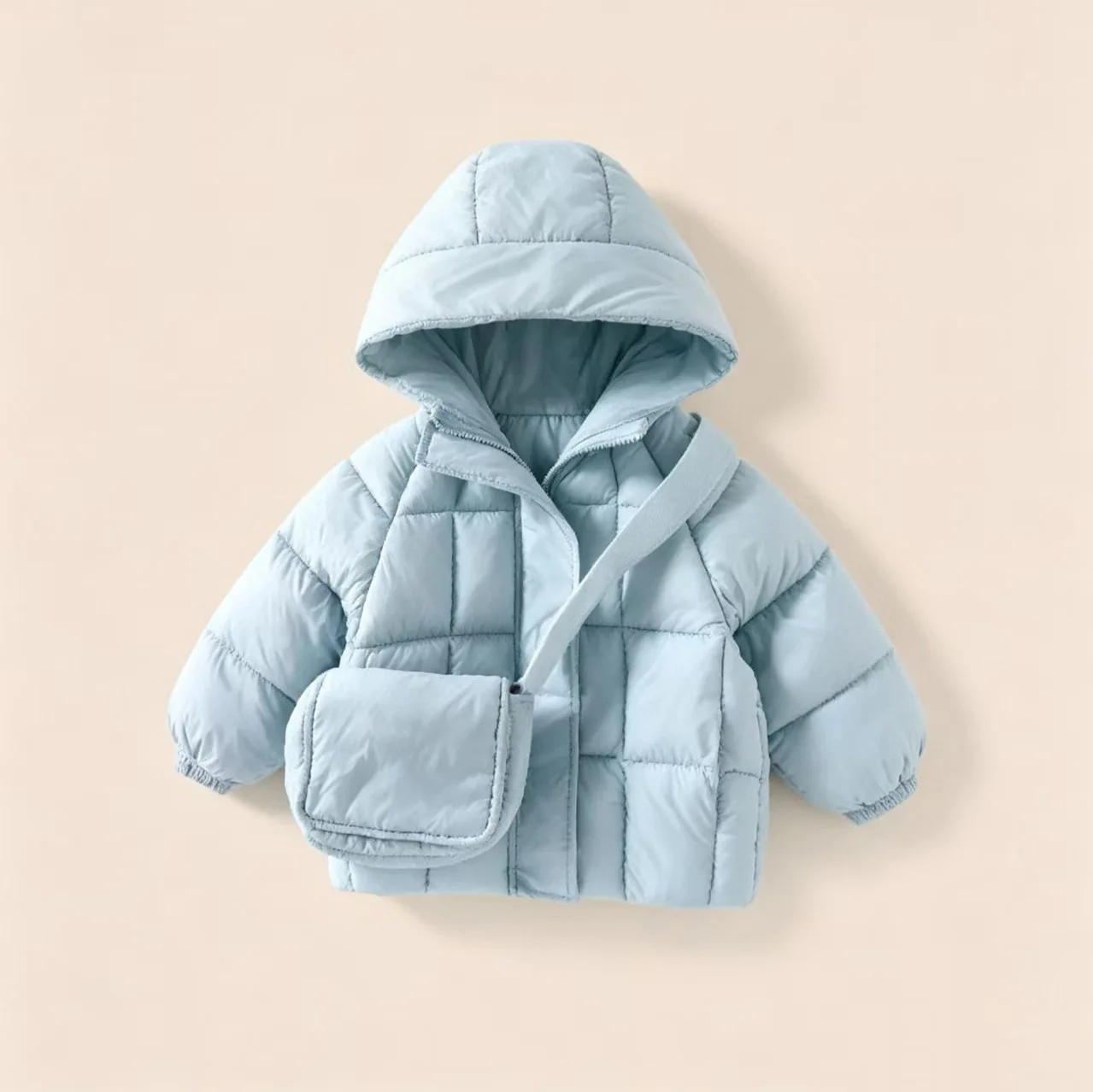 Kids Winter Hooded Puffer Jacket with Crossbody Bag Boys Girls Windproof Casual Daily Down Coat Toddler Baby Warm Outerwear 1-6Y