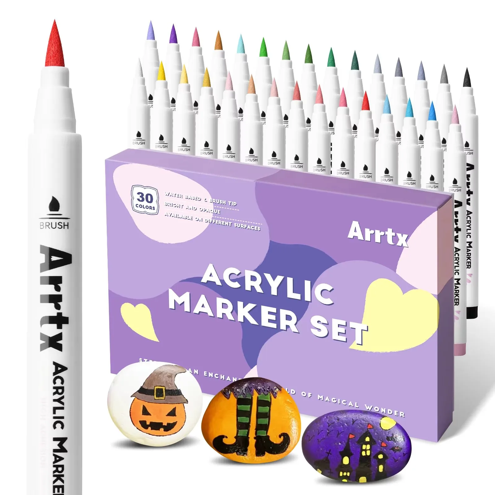 

Arrtx 30 Colors Acrylic Makrer, Extra Fine Brush Tip Acrylic Paint Pens for Rock/Ceramic/Glass/Canvas/Mug/Wood/Easter Egg