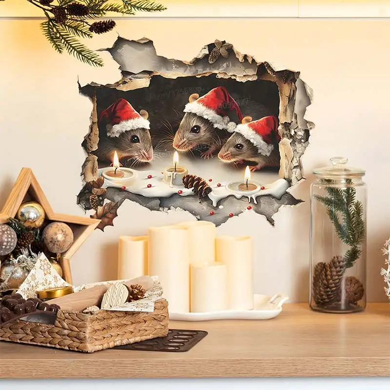 The Mouse Wears a Christmas Hat and Blows Candles Wall Stickers Bedroom Living room Wall Decor Decals Sticker S402