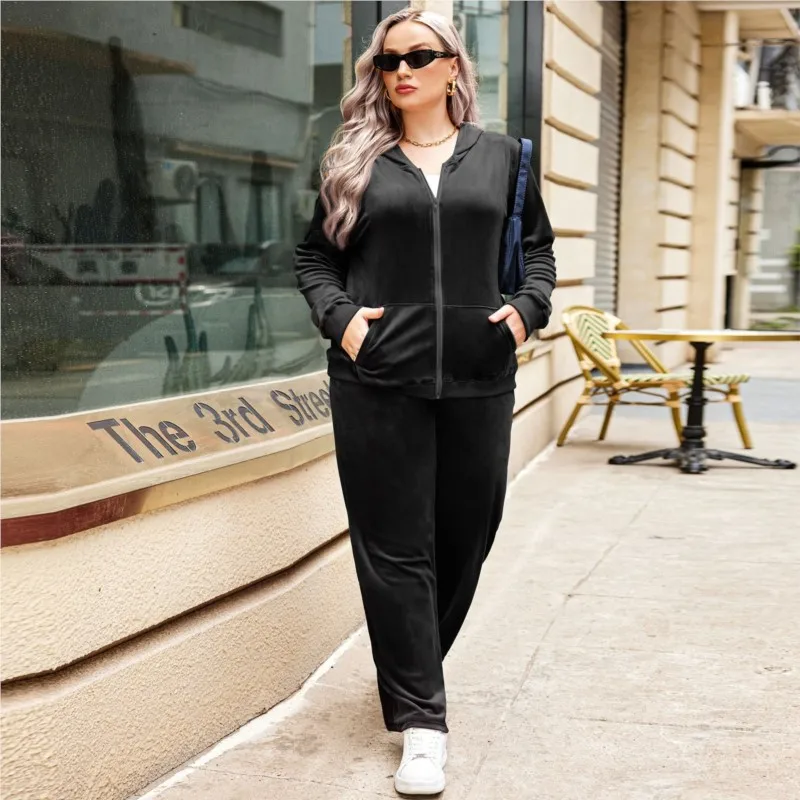 ชุดลำลองสองชิ้นสำหรับผู้หญิง เสื้อแจ็คเก็ตมีฮู้ดแบบซิป สีพื้น ทรงหลวม + เสื้อสเวตเชิ้ตแบบมีเชือกผูกเอว ชุดวอร์มสำหรับผู้หญิง