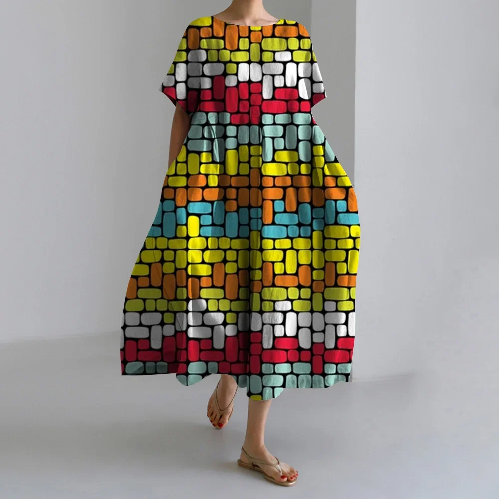 

Women Geometric Patchwork Printed Dress Fashion Round Neck Short Sleeve Loose Pocket Long Summer Beach Comfortable Short Dresses