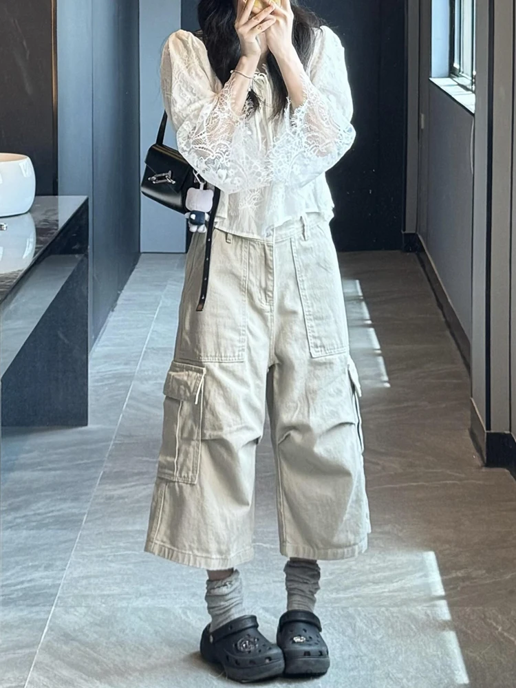 Khaki High Waist Wide Leg Seven-Foot Women's Summer Casual Loose Multi-Pocket Straight Short Pants Casual Wide Leg Pants