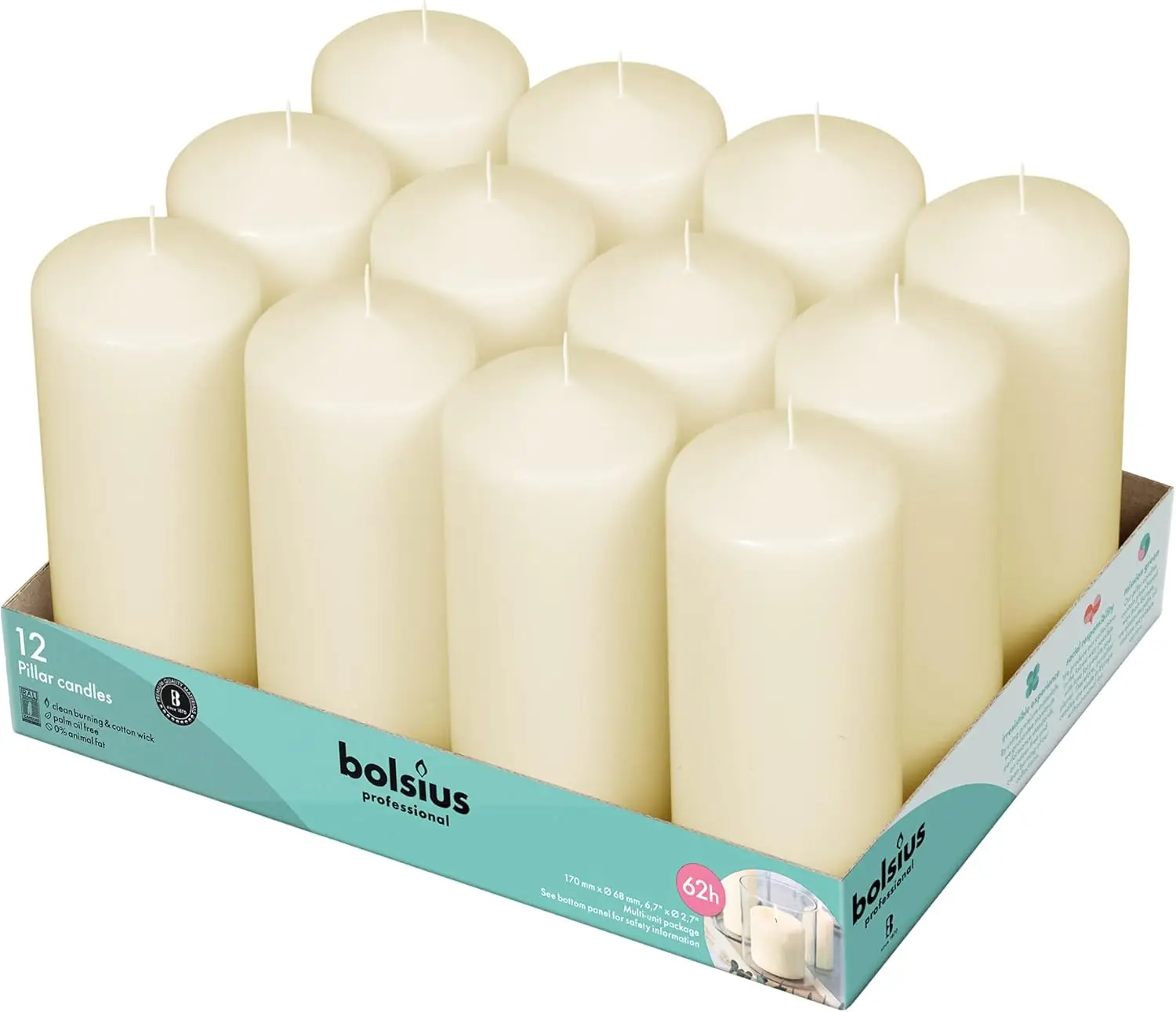 

12 Ivory Pillar Candles - 2.7x6.7 in Unscented Dripless Clean Burning Set for Weddings & Parties