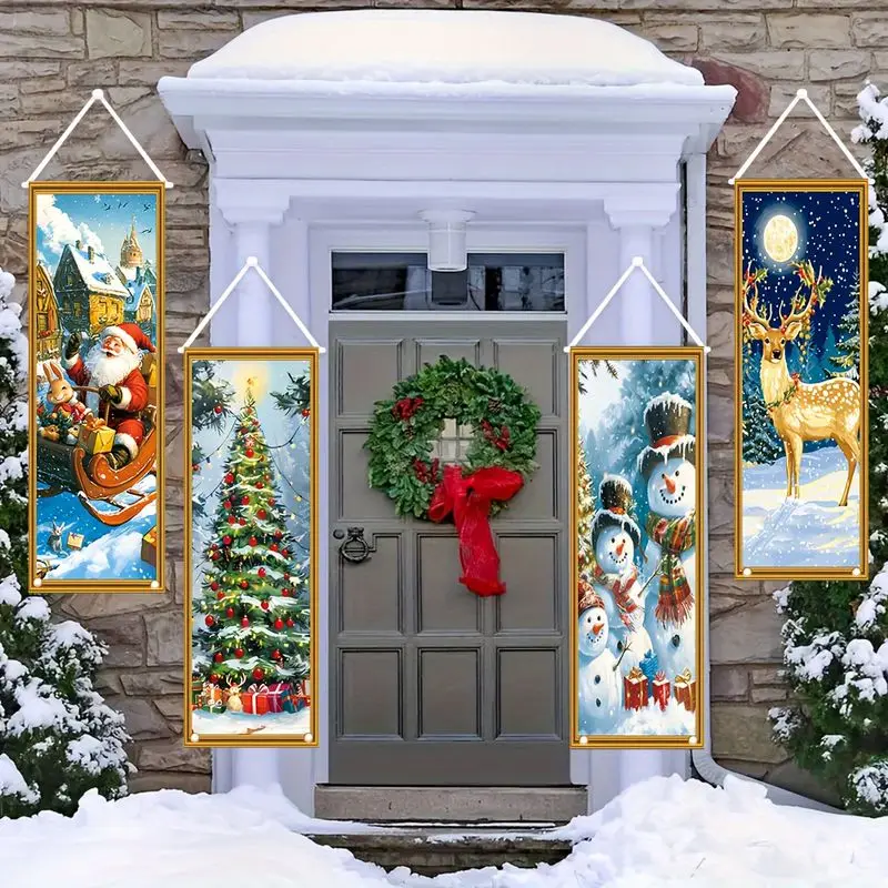VIKAMA Christmas Wall Hanging Santa Sleigh Snowman Deer Moon Vertical Tapestry Living Room Bedroom Decor Xmas Wall Art Gift