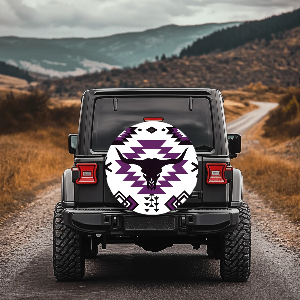 Violet Bull Head Totem Ethnic Style Pattern 30/34 Inch Multi-Functional Tire Cover, Suitable For Jeeps, Trailers, RVs, Off-Road