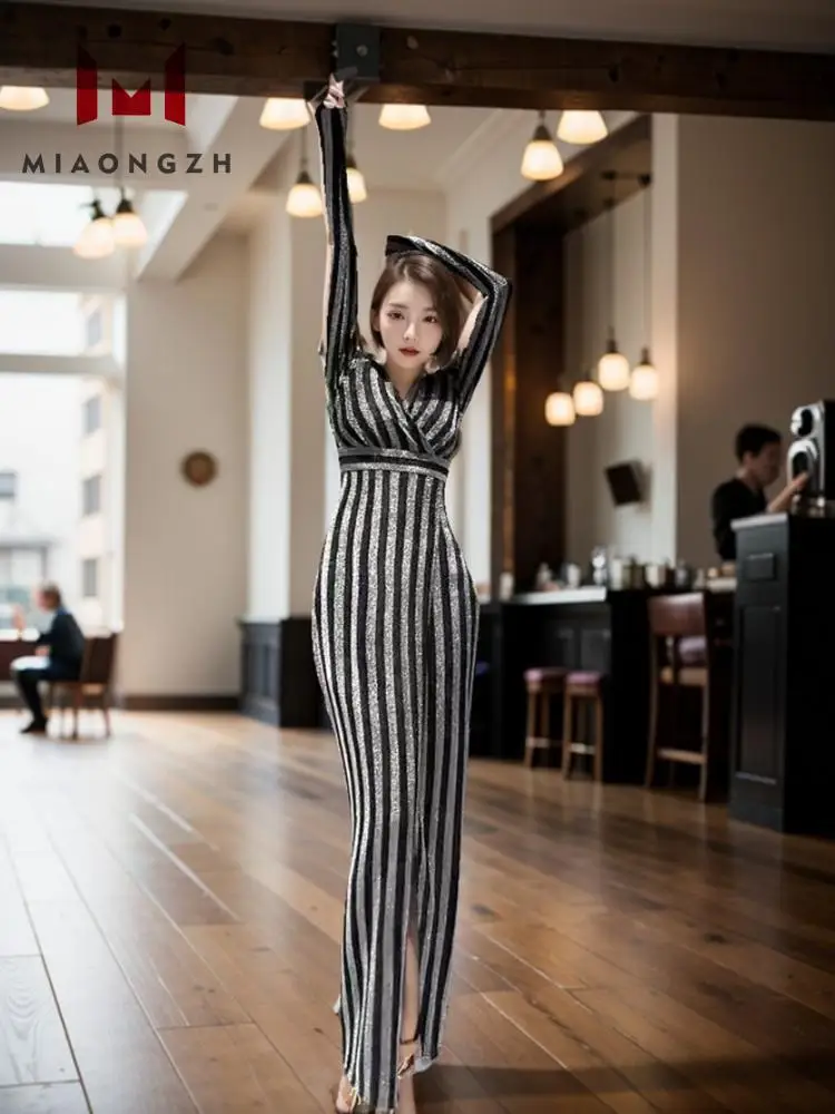 

Women's Striped Dresses New Spring Autumn 2024 V Neck Long Sleeve High Waist Temperament Slim Female Fashion Luxury Party Dress