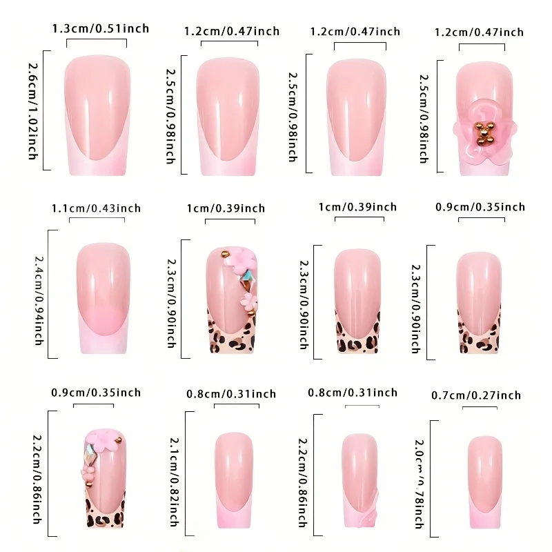 24 قطعة من الأظافر المزيفة المصنوعة يدويًا ثلاثية الأبعاد على شكل قطرة الماء مع طباعة الفهد، تصميم متدرج وردي وزهور - ضغط أنيق وعصري