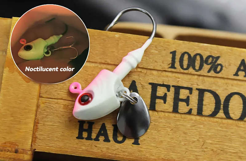 Famonster Fishing Lure Fish Head Bionic Jig Hook 3.5g ~ 33g spinato Soft Worm Lure con paillettes cucchiaio nottilucente Pike Bass