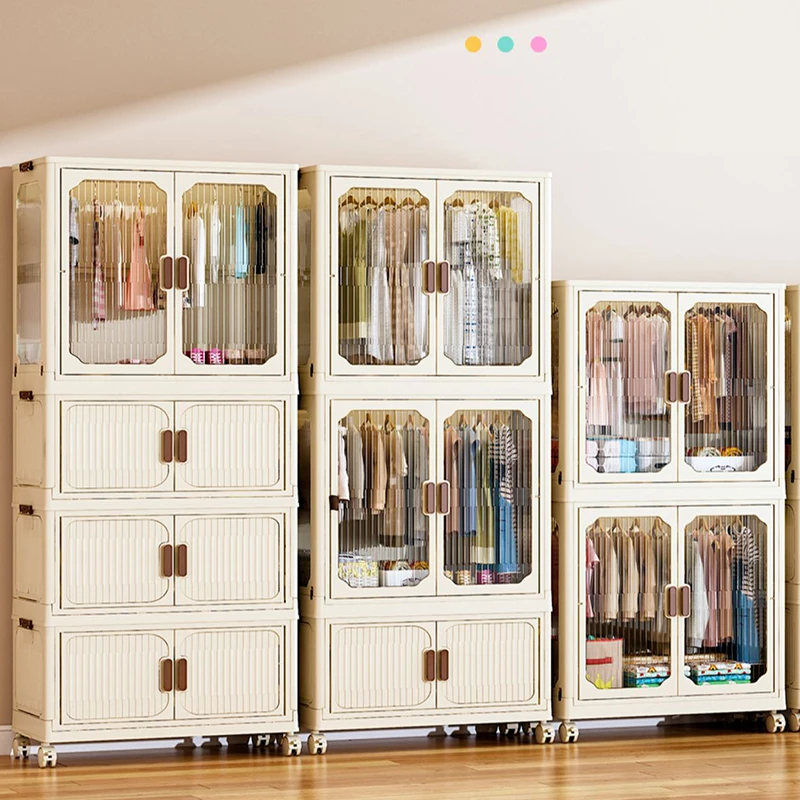 

Transparent Folding Storage Cabinet Wardrobe For Bedroom Open Closets Dresser Movable Organizer Locker Closet Containers Bin