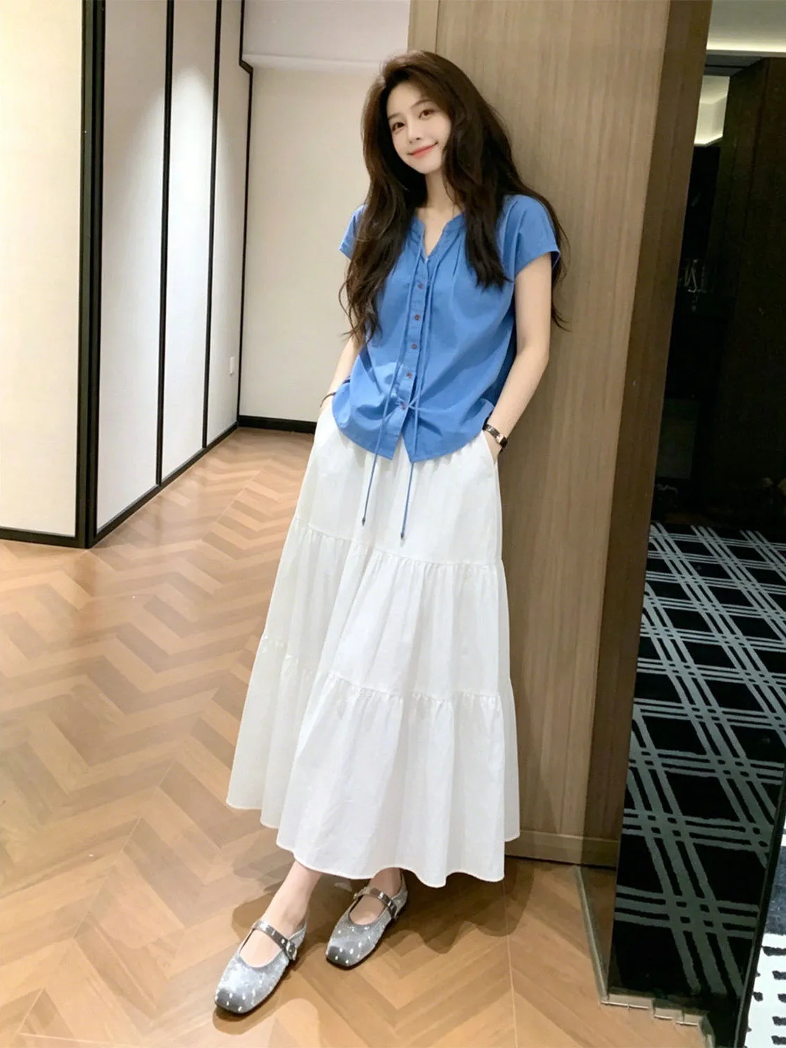 Retro Artistic High Waist A-Line Umbrella Skirt Summer Sweet Anti-Aging Collar Bow Tie Small Flying Sleeve Shirt Women's Clot...