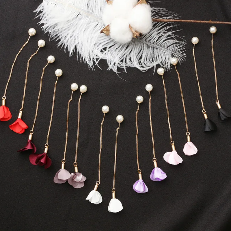 New 8 Colors Flower Long Tassel Earrings For Women Fashion Imitation Pearl Earrings Ear Line Elegant Wedding Party Jewelry Gift