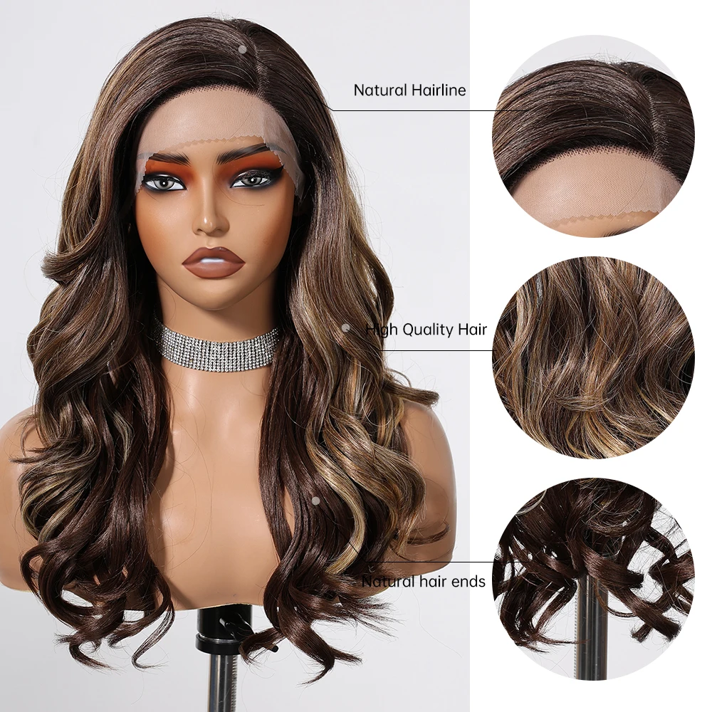 Synthetic Lace Front Wigs for Black Women Long Wavy Dark Brown Blonde Highlights Wigs 13*3.5*1 T Part Lace Wig Daily Fake Hair