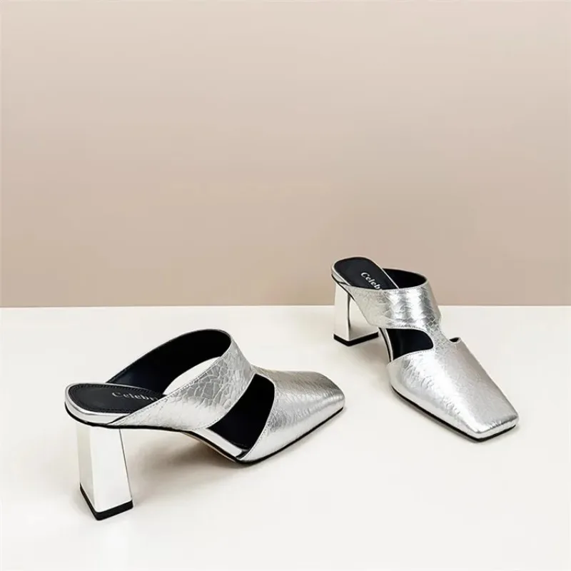 صنادل مماشي للموضة للمرأة فضي ساحة تو أحذية عالية الكعب عادية مصمم كعب مكتنز فستان الحفلات الصنادل Sandalias De Mujer #3