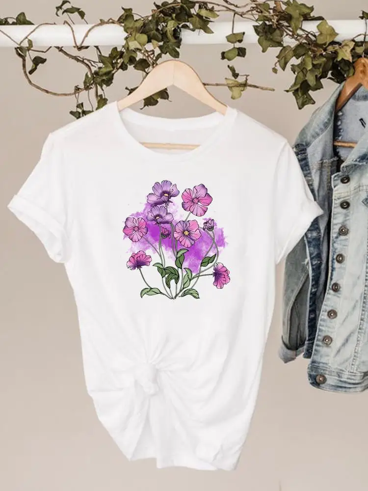 T-shirt à manches courtes pour femme, vêtement estival et basique, avec dessin animé de fleurs imprimées