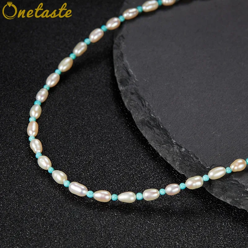 

Turquoise Stone Pearl Rosary Bead Necklace Women Simple Fashion 925 Silver Stackable Beaded Strand Chokers Necklaces Dainty Gift