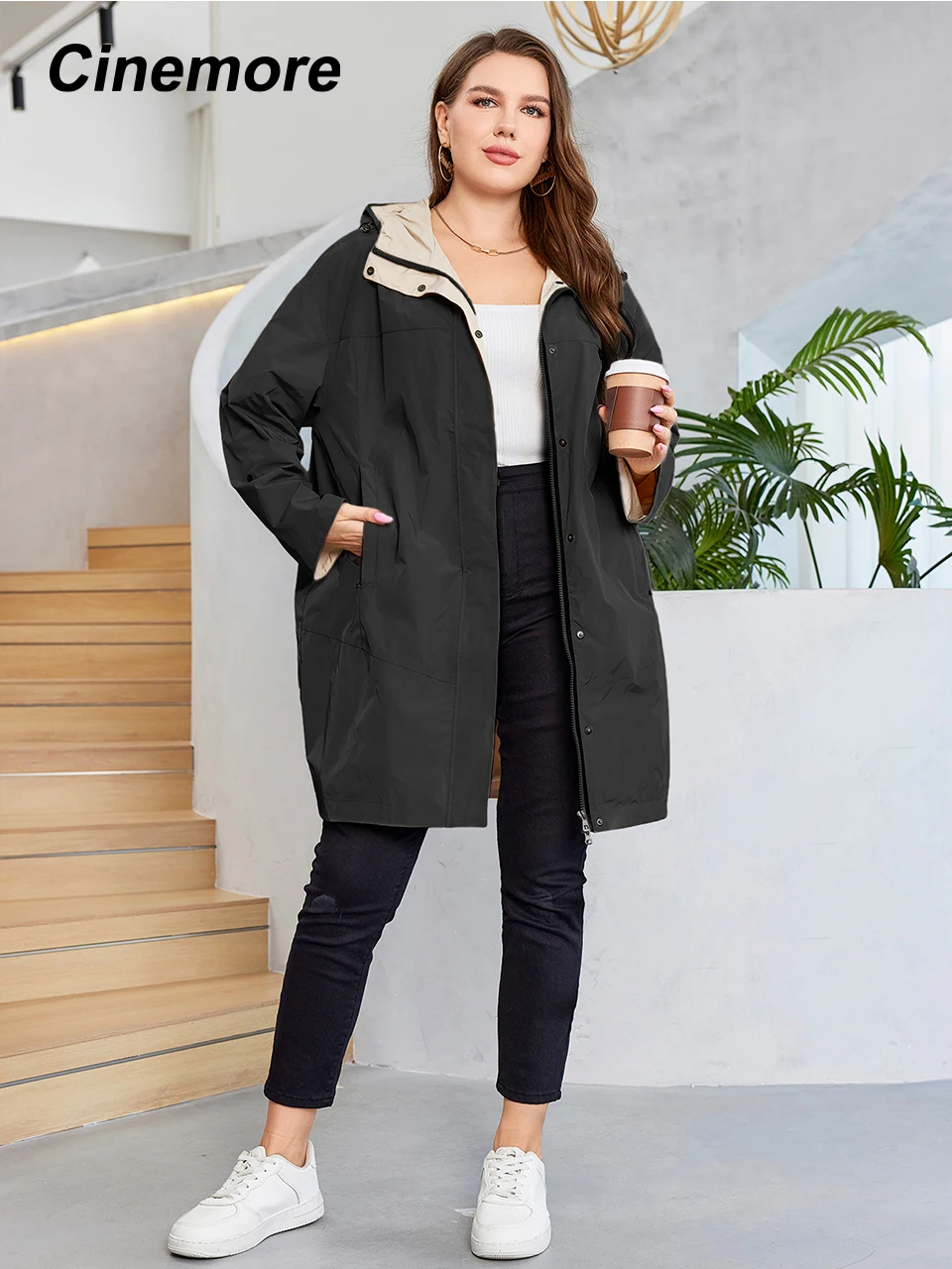 Cinemore Autumn Women\'s Trench Coat Waterproof Female Clothing Plus Size Casual Windbreaker Jacket With Hood Loose Overcoat 339