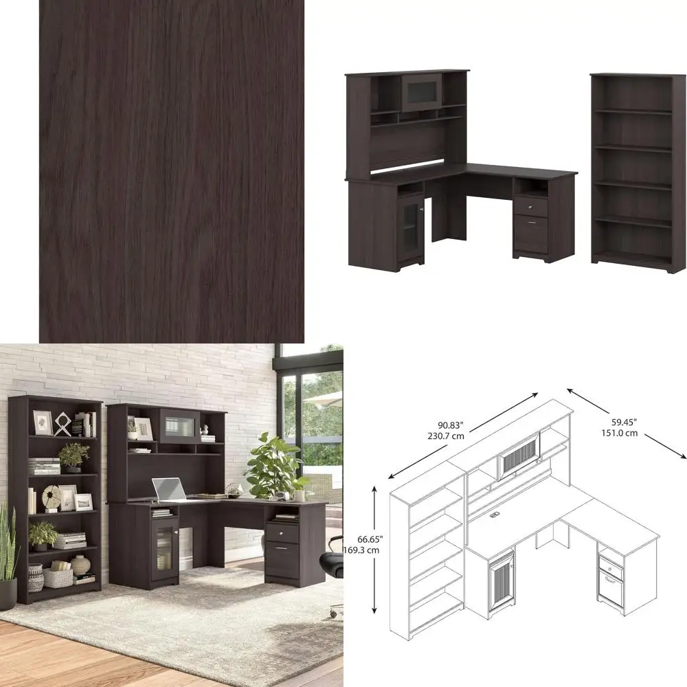 

Письменный стол L-образной формы мощностью 60 Вт с надстройкой и 5-уровневой книжной полкой, цвет серый меланж