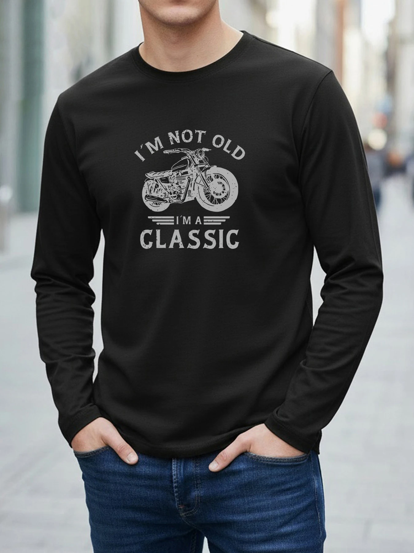 Fall 2026 Men's Casual Long-Sleeve Retro Motorcycle Print Round-Neck Loose-Fit T-Shirt Trendy Street Style Plus-Size Men's Top