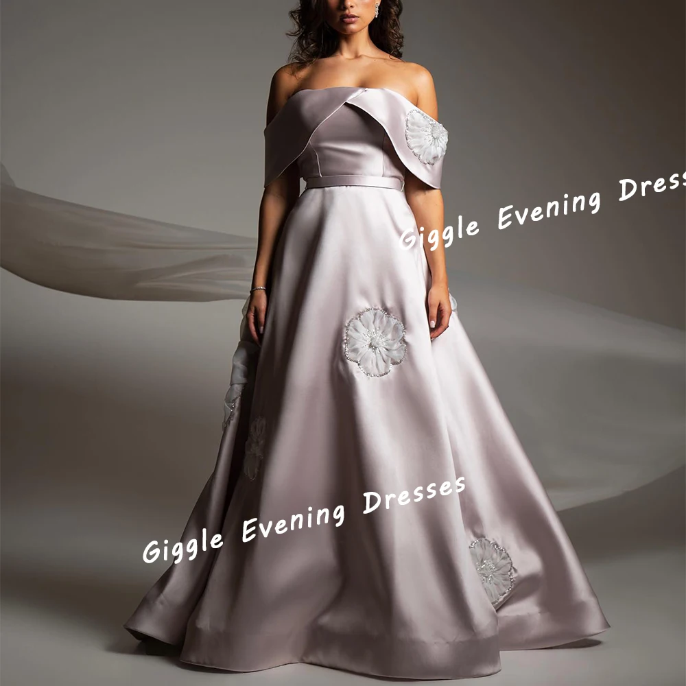 Giggle Satin Off The Shoulder Flowers A-Line Elegance Prom Gown Saudi Arab Floor-Length Evening Party Dresses for Women 2024