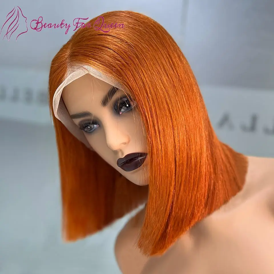 

High Quality 13x4 Ginger Orange Straight Short Bob Brazilian Colored Human Hair Wig Transparent HD Lace Frontal Wigs For Women