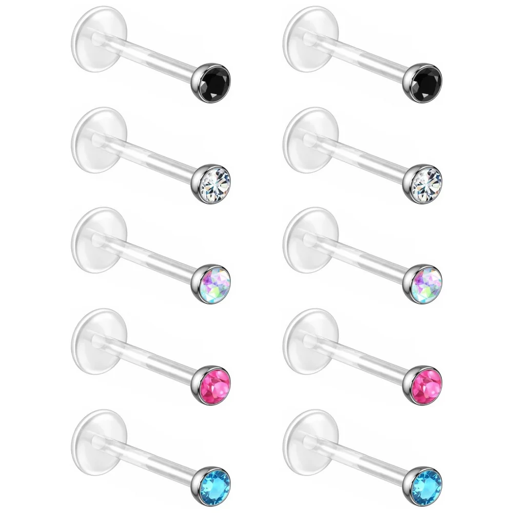 Acrylic Lip Piercing Jewelry 16g Clear Post Studs with Push-In CZ Crystals for Cartilage Piercings Tragus Conch And Helix