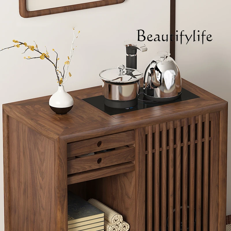 New Chinese Style Solid Wood Tea Cabinet Retro Black Walnut Boiling Cabinet Simple Home Tea Table-Side Cabinet