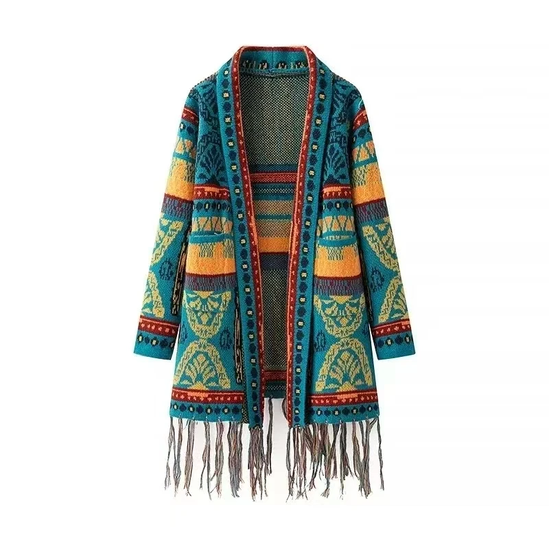 เสื้อคลุมคาร์ดิแกนถักลายทางแบบใหม่ สไตล์เวเฮโล่ สไตล์ชาติพันธุ์ ความยาวปานกลาง ผ้าคลุมไหล่