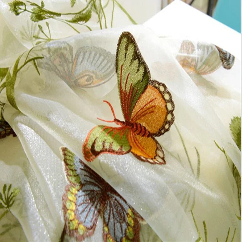 Organza Butterfly Embroidered Tulle Fabrics for Bedroom, Pastoral, High Grade Window Curtain, Living Room, Kitchen Decoration