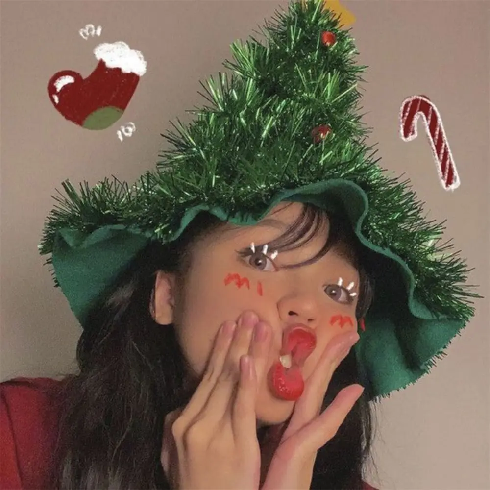 Creative 2025 Ins Christmas Tree Hat Fabric Rain Silk with Star Tinsel Christmas Headband Rain Silk Xmas Hat Photo Props