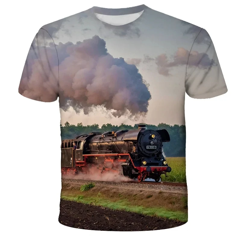 Fashion Trends Summer New Retro Train Engine Pattern Printed Men\'s T-shirt Street Fashion Cool Round Neck Plus Size Top