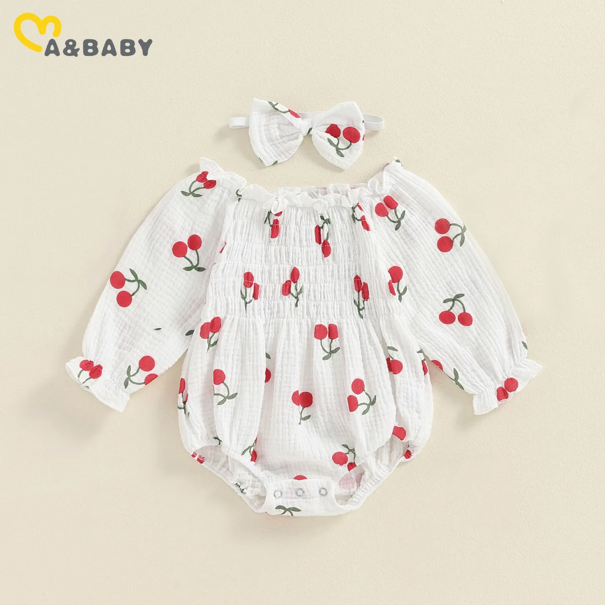 

ma&baby 0-18M Baby Girl Romper Newborn Infant Toddler Girl Cherry Print Jumpsuit Long Sleeve Clothes Headband Fall Spring Outfit