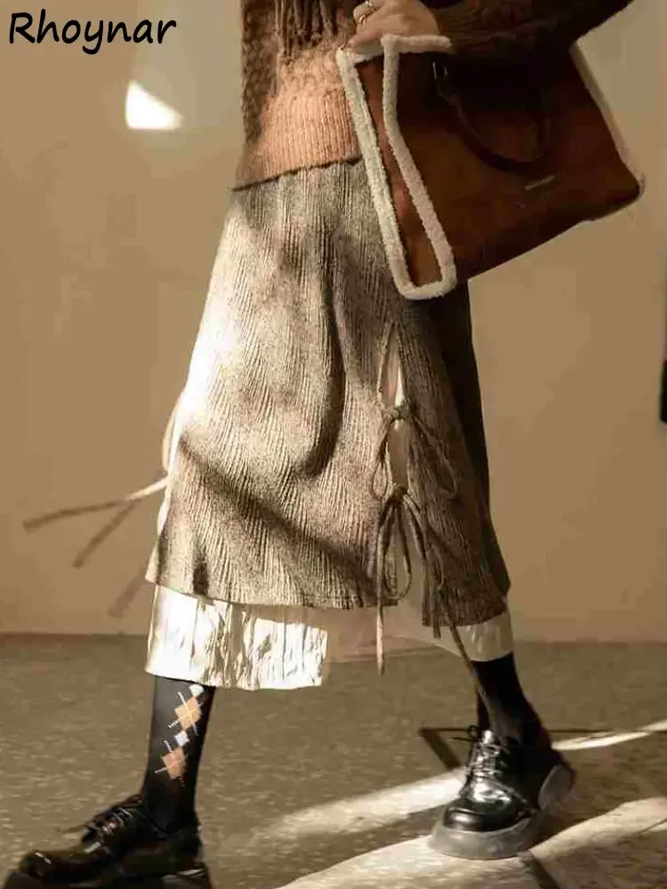 Rokken voor dames Wijde bruine corduroy Vintage bandage hoog getailleerde dames Franse ontwerp Koreaanse stijl Юokong Da Diego Esthetiek Ins