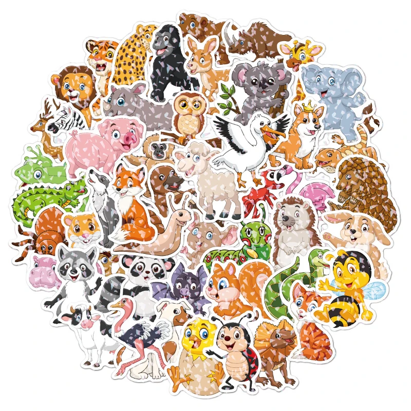 Holographic Laser Forest Animals Stickers 50 Sheets Cartoon Decorative Diy Waterproof Marine Animal Stickers
