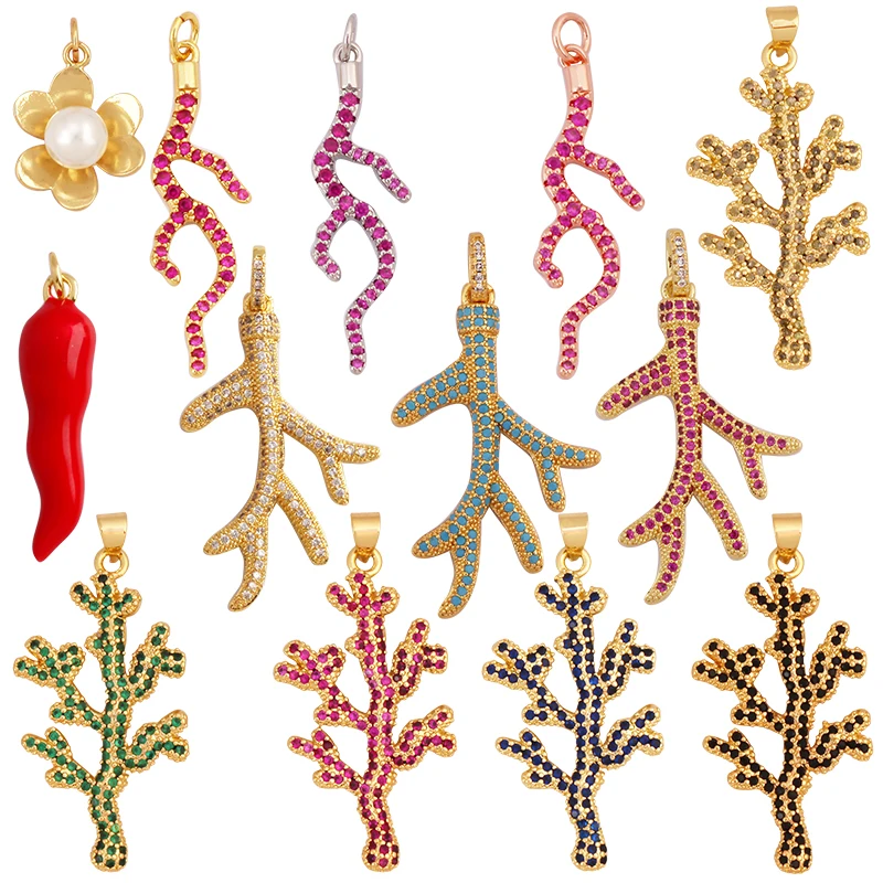 Nuevo colgante de Coral de pimiento rojo, accesorios de collar de hallazgos de joyería de circón de oro de 18k P02 K76