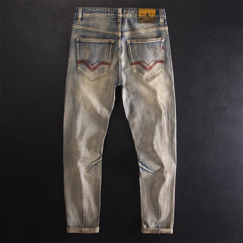 

Vintage Nostalgic Ripped Jeans Men's Slim Fit Small Straight Elastic Washed Trendy Fashion Street Denim Pants