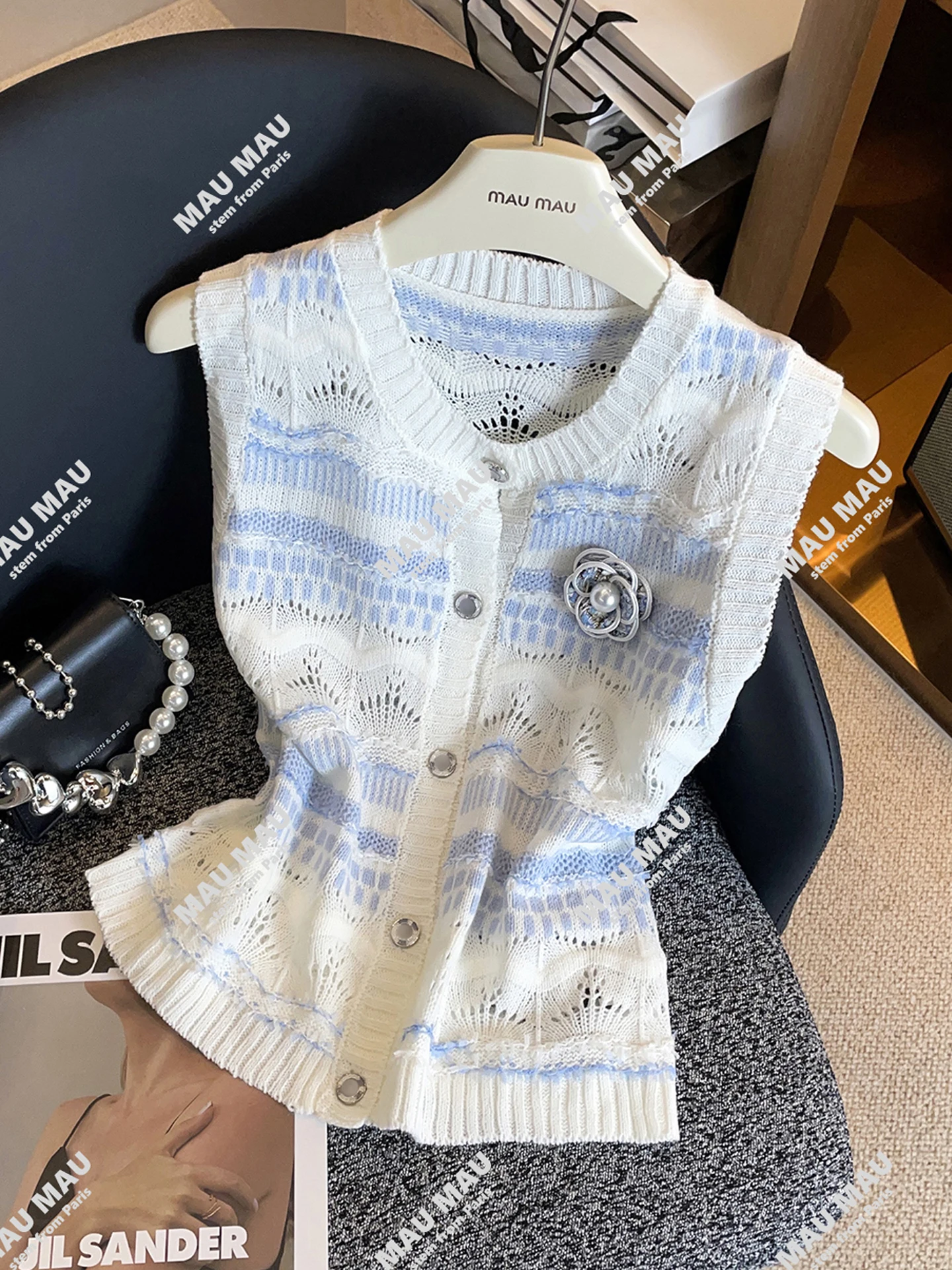 

High-End Women's Knitted Hollow out Striped Cardigan Vest Top by Nan You Ele Commute Sle round Ne ort Length