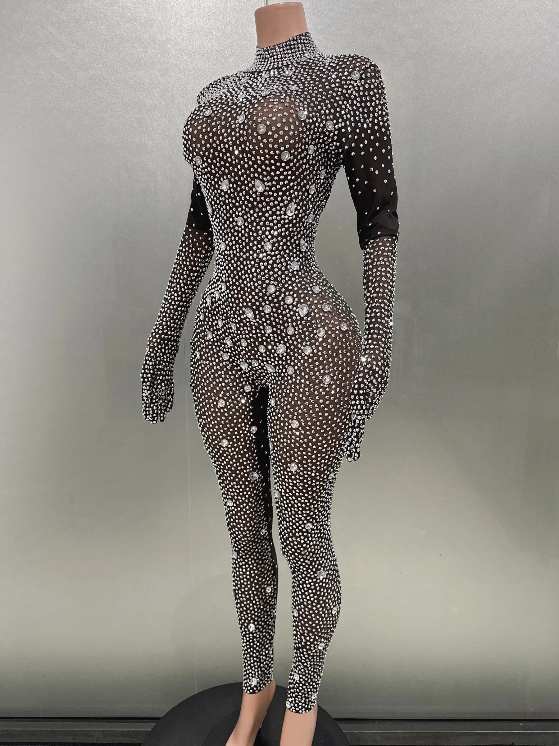 Luxury Diamonds Rhinestone Black Sexy See-Through Jumpsuit Evening Party Performance Costume Nightclub Singer Dancer Stage Wear