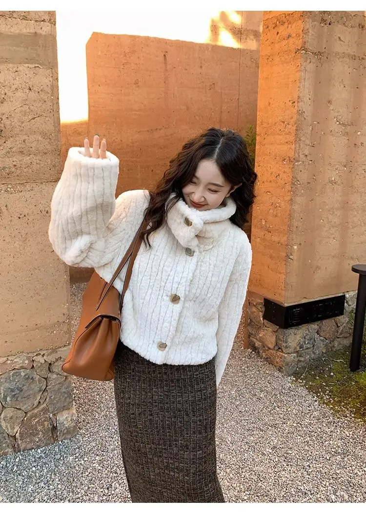 

Lamb Wool Jacket Long Women Denim Chore Workwear Inspiration Button-Through Front Multi-Pocket Design Practical Approach Daily