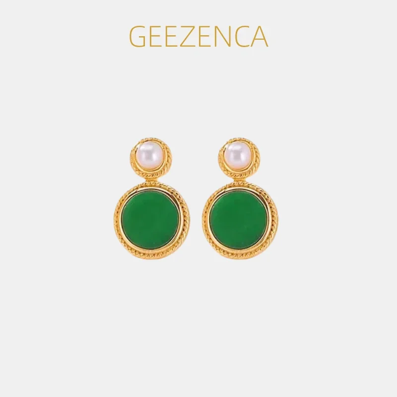 GEEZENCA Green Jadeite S925 Silver Gold Plated Stud Earrings For Women Pearl CZ Dainty Lightweight Stack Round Disc Earring Gift