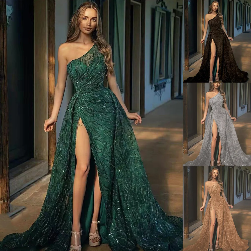 

Spring And Summer New Women's Slanted Shoulder Slit Long Skirt Toast Dress Dress Sequin Suspender Evening Dress