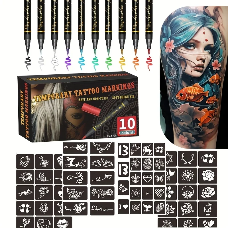 10 Colors Temporary Tattoo Markers 59 Stencils DIY Body Art Pen Quick Dry Tattoo Drawing Pens Halloween Party Festival Cosplay