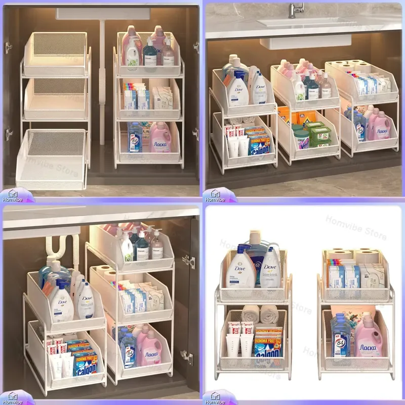 for Kitchen Under Sink Shelf Multi Layer Pull Up Basket Dish Seasoning Cabinet Drawer Storage Rack Household Organizer