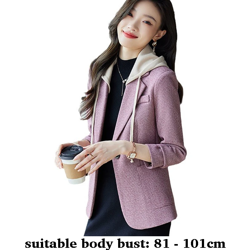 

High quality woolen blazer for women one button jacket with hooded new autumn winter 2025 elegant office clothes purple khaki