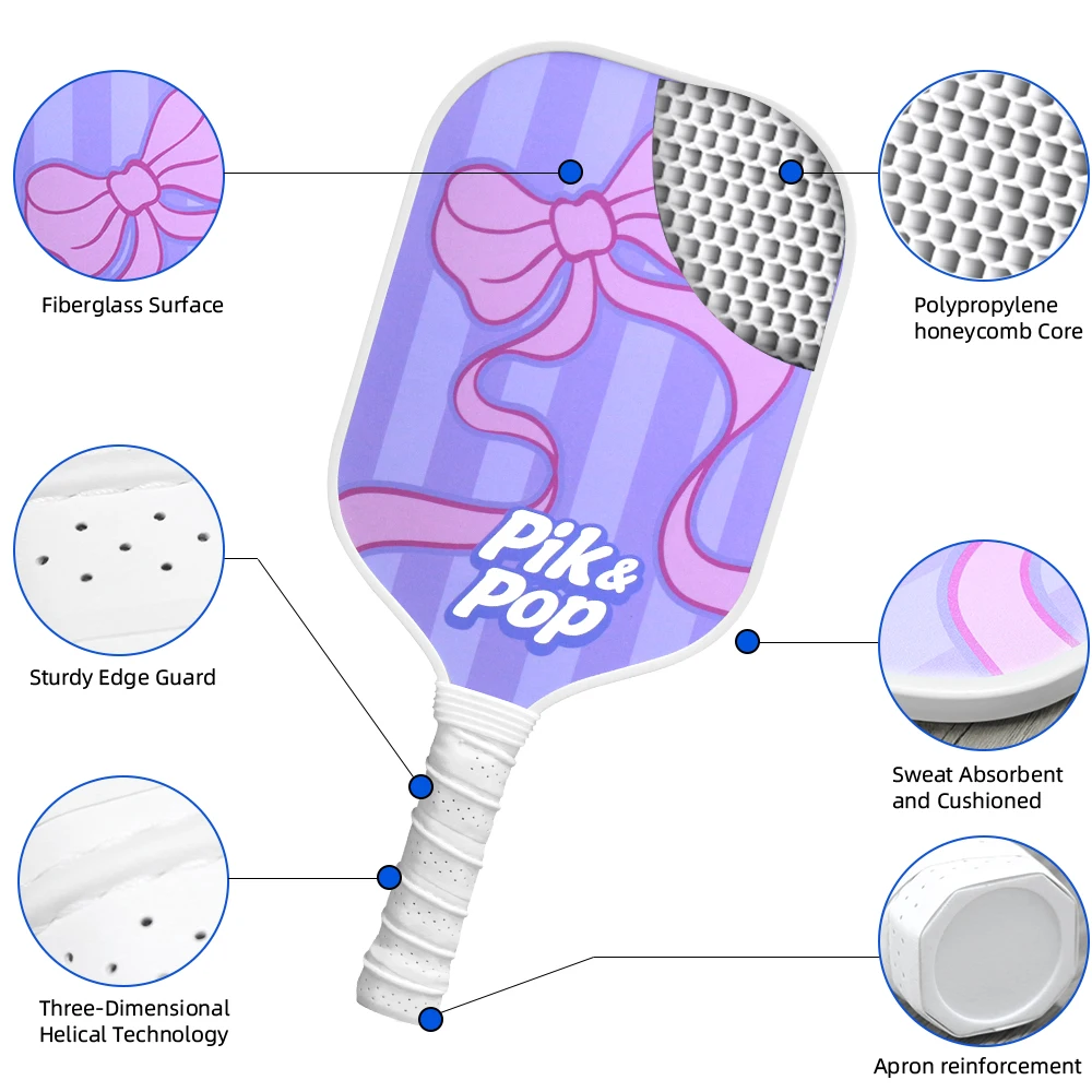 Set Pickleball Fiberglass dengan Inti Sarang Lebah Polipropilena untuk Kontrol & Tenaga  Raket Lebar untuk Pukulan Presisi  Termasuk 2 buah