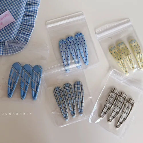 Imagen 2 del producto Horquilla azul a cuadros para niña, clip BB con forma de gota de agua, flequillo de pelo roto, conjunto de lunares de estilo británico, horquilla