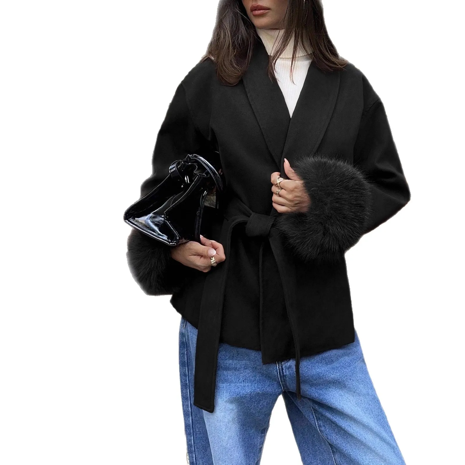 Elegant Lace Up Woolen Overcoat Women Casual Lapel V-neck Full Sleeve Loose Warm Outerwears Lady New Autumn Commute Street Coat