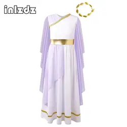 Girls Grecian Toga Costume Outfits Ancient Greek Deity Flowy Tulle Gown Dress Princess Long Robe for Halloween Performance Party