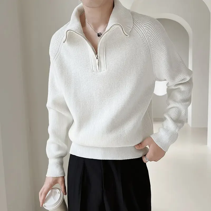 

Autumn Winter Boyfriend Spliced Head Stand Collar Zipper Screw Thread Fashion Solid Loose Casual Long Sleeve Knitted Tops WT73