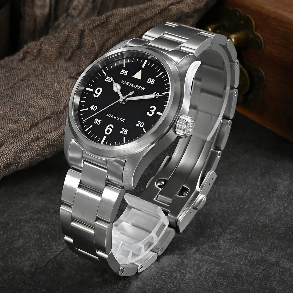 San Martin Herren-Pilotenuhr, 37 mm, Miyota 8215, modischer, schlichter Stil, militärische automatische mechanische Uhren, 100 m wasserdicht, BGW-9
